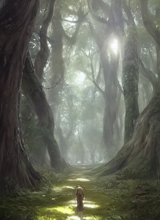 Image similar to A sacred grove, lush trees, a fantasy digital painting by Greg Rutkowski and James Gurney, trending on Artstation, highly detailed