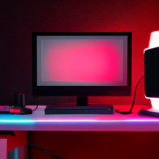Image similar to gaming computer setup with neon lights behind the monitor, RGB keyboard, red and black gaming chair, wall-mounted speakers, in a bedroom, highly detailed, high quality, HD, 4k, 8k, Canon 300mm, professional photographer, 40mp, lifelike, top-rated, award winning, realistic, sharp, no blur, edited, corrected, trending