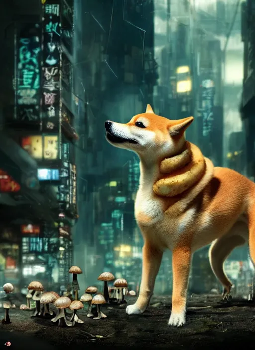 Image similar to shiba inu with mushrooms growing out of it's face. Very detailed 8k. Fantasy cyberpunk horror. Sharp. Cinematic post-processing