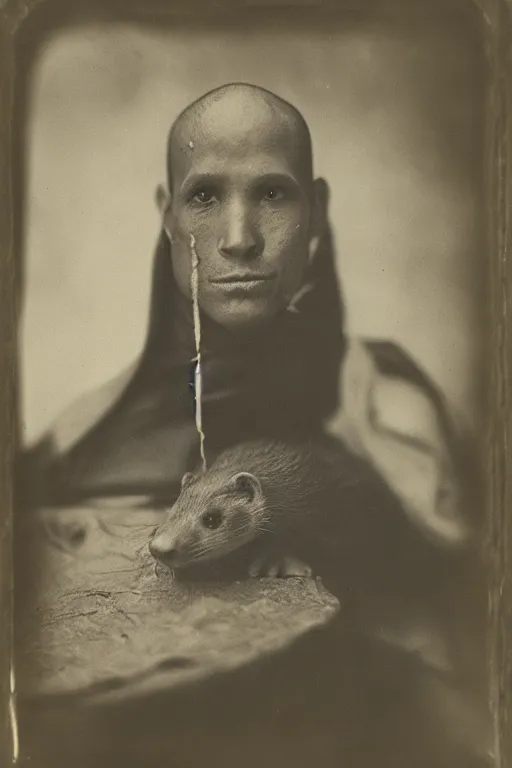 Image similar to a wet plate photo of a weasel monk