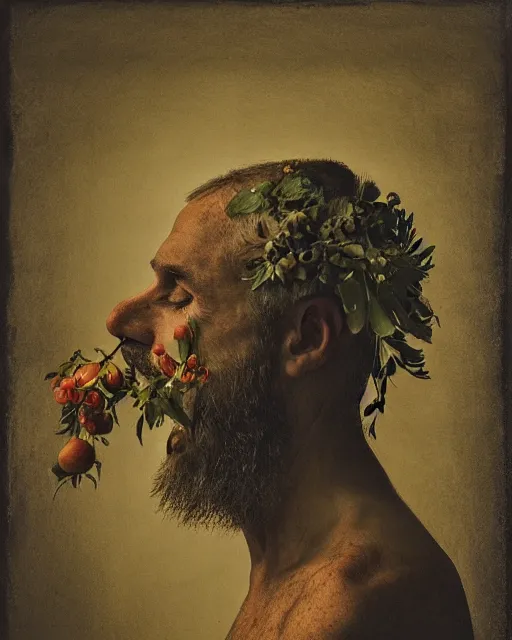 Image similar to a man's face in profile, long beard, flowers and fruit coming out of his mouth, in the style of the Dutch masters and Gregory Crewdson, dark and moody