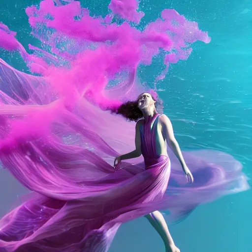 Image similar to woman dancing underwater wearing a flowing dress made of blue and magenta seaweed, delicate coral sea bottom, swirling silver fish, swirling smoke shapes, octane render, caustics lighting from above, cinematic