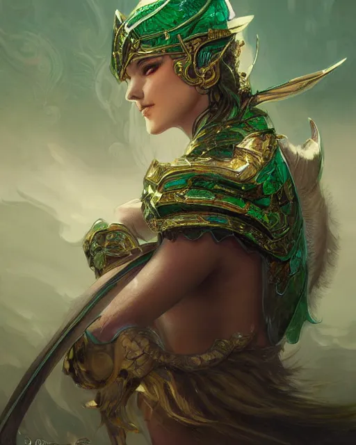 Image similar to Portrait of a Fantasy emerald knight, moonlit, HD, illustration, epic, D&D, fantasy, intricate, elegant, highly detailed, digital painting, artstation, concept art, smooth, sharp focus, illustration, art by artgerm and greg rutkowski and alphonse mucha, monster hunter illustrations art book