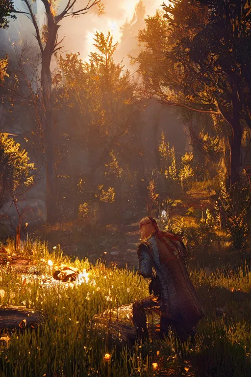 Prompt: witcher 3 fairy tale forest,, hyperrealistic, dynamic lighting, intricate detail, harvest fall vibrancy, cinematic volume glowing aura global illumination ray tracing hdr