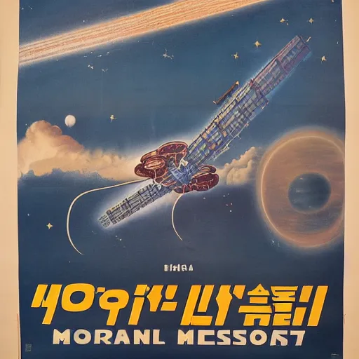 Image similar to [North Korean space mission, 1950 poster, very detailed, cinematic lighting, matte, sharp, photography]