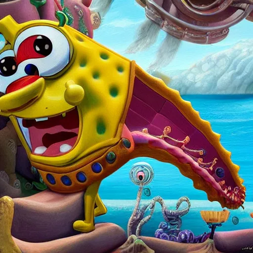 Image similar to spongebob squarepants rides the alaskan bull worm, extremely detailed oil painting, high clarity, highly detailed, abstract, deep aesthetic, 8 k, highly ornate intricate details, cinematic lighting, rich colors, digital artwork, beautiful scenic view, ray tracing, hyperrealistic, photorealistic, cinematic landscape, trending on artstation, concept art,