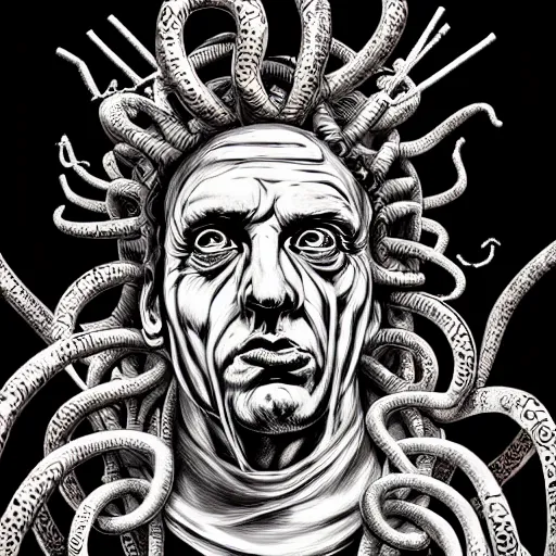 Prompt: graphic illustration, creative design, the pope as medusa, biopunk, francis bacon, highly detailed, hunter s thompson, concept art