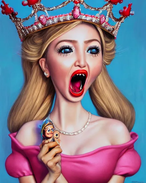 Prompt: closeup profile portrait of a tin toy ivanka trump screaming as a fairytale princess wearing a crown and eating cakes, bikini, hyper realistic, artstation, illustration, nicoletta ceccoli, mark ryden, lostfish, max fleischer, digital paint, matte paint, vivid colors, bright, cheerful, detailed and intricate environment