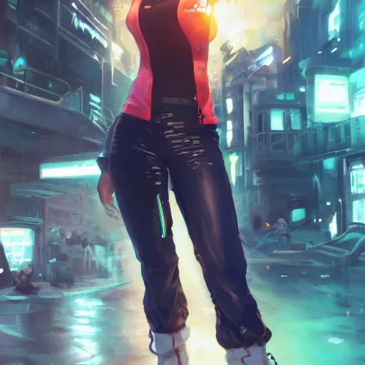 Image similar to nami one piece streetwear, techwear, cyberpunk style outfit, scifi, blue side lighting, full body, nose piercing, detailed portrait, intricate complexity, by greg rutkowski, artgerm, ross tran, conrad roset, takato yomamoto, ilya kuvshinov. 4 k, beautiful, aesthetic octane render, aesthetic octane render, cinematic dramatic atmosphere