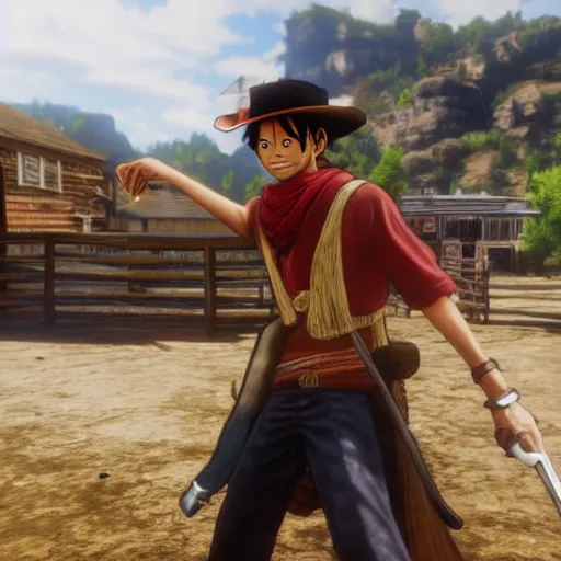 Image similar to luffy the pirate in red dead redemption 2 4K quality