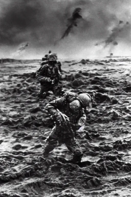 Prompt: an epic scene of elmo on the battlefield on d - day storming the beaches of normandy, wide - angle