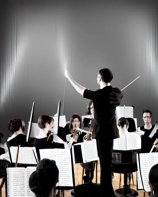 Image similar to long shot portrait of an orchestra conductor on the rostrum, symphony ensemble, baton in motion, motion blur, triadic color scheme, theatre lighting, focus on wand