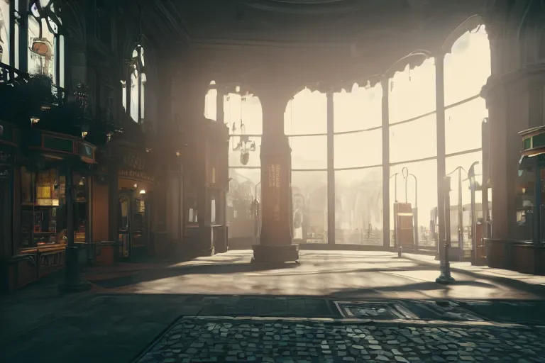 Prompt: point of view of a gunner on a victorian shopping mall, cinematic lightning, ray tracing, unreal engine 5, photorealistic, 8 k, uhd, 4 k, fps game concept, extremely detailed, beautiful, elegant, intricate, foggy, in - game footage