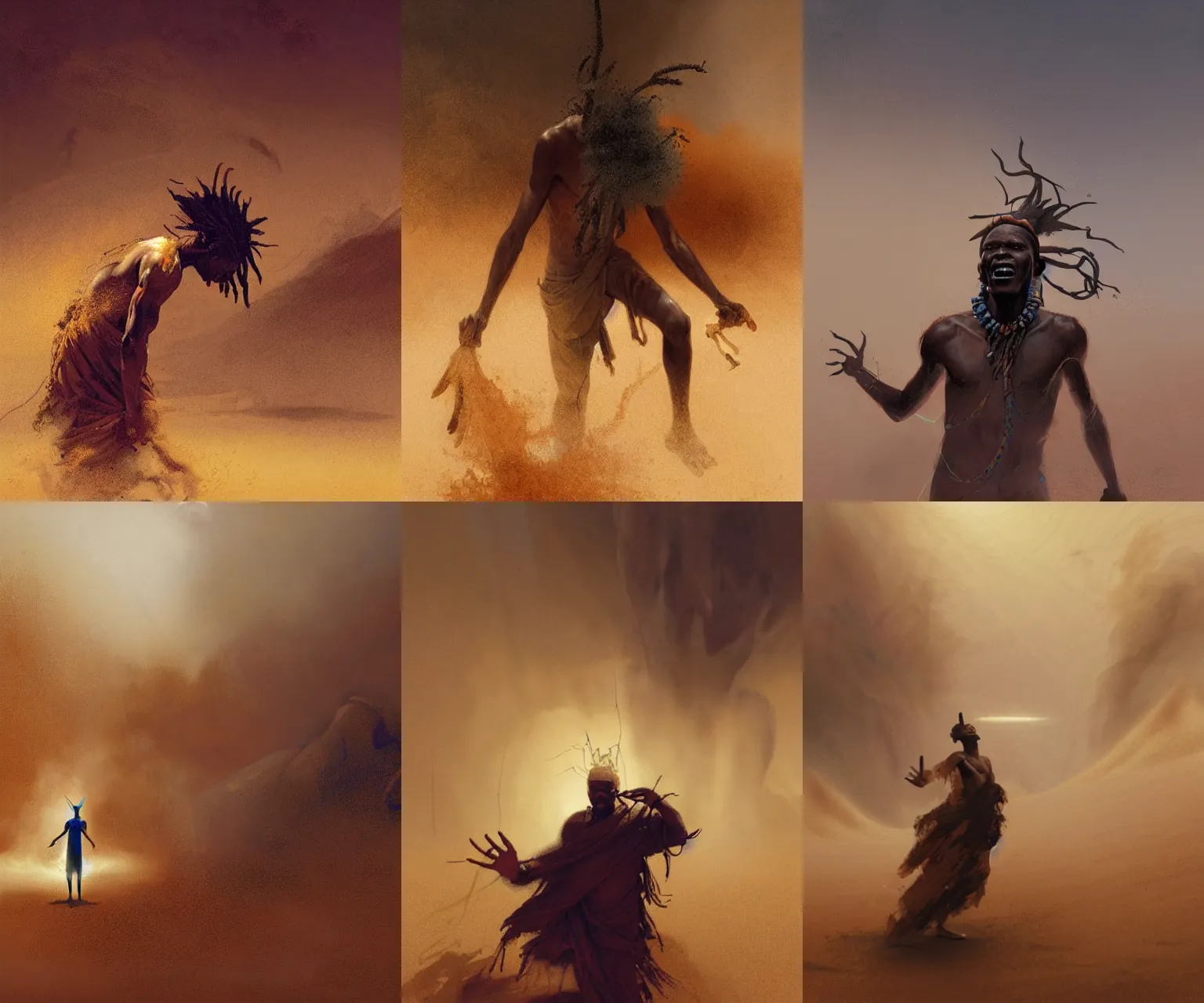 Image similar to A digital painting of a namibian shaman summoning the spirits of the earth through a sandstorm, detailed and dramatic, by Greg Rutkowski and Craig Mullins