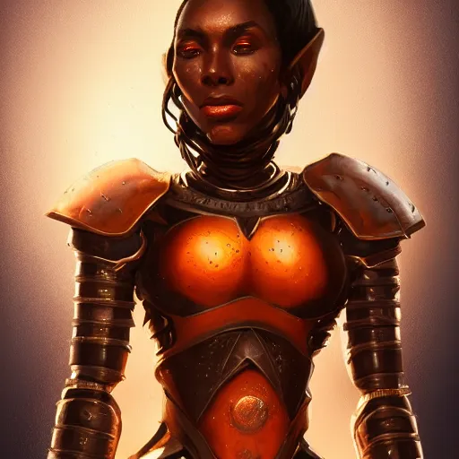 Prompt: beautiful portrait of an african american woman with an orange glow on her face medieval metallic knight armor, artstation, cgsociety, masterpiece, dark fantasy