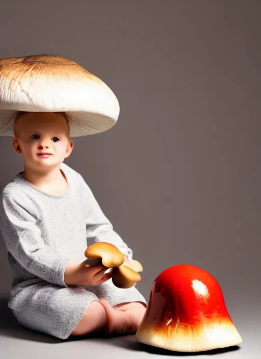 Image similar to studio portrait still of cute creature sitting next to a mushroom, 8 k, studio lighting, key light,