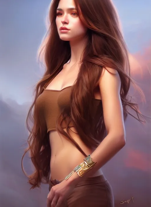 Image similar to a gorgeous female with long brown hair in the style of stefan kostic, realistic, full body shot, wide angle, sharp focus, 8 k high definition, insanely detailed, intricate, elegant, art by stanley lau and artgerm, floating embers