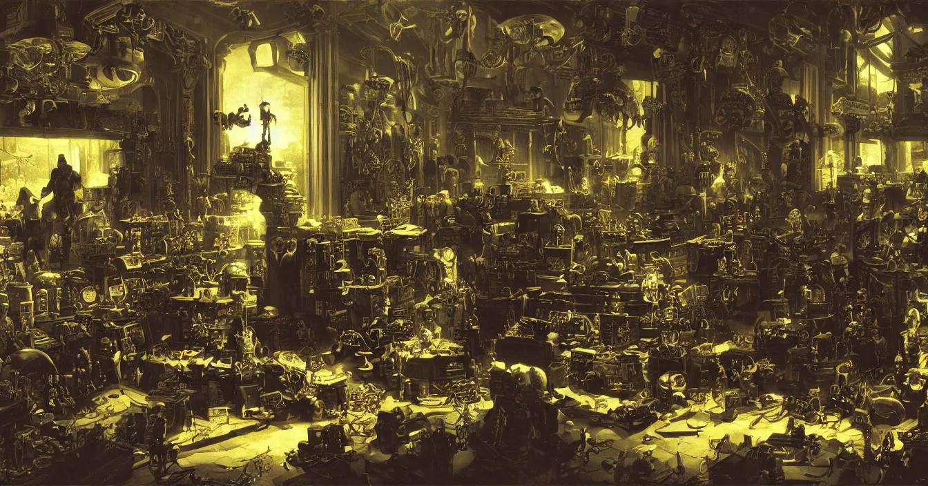 Prompt: Wide view of a room interior of strange hardware geek from far future, full of various electronic hardware components, devices and instruments, incredible sharp detail, back light contrast, dramatic dark atmosphere, bright vivid colours, reclections, metal speculars, painted by Asher Brown Durand , Gustave Dore, George Inness, Martin Johnson Heade