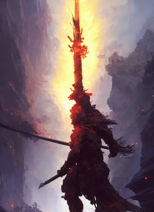 Image similar to 4k , fire sword, art by greg rutkowski, art by craig mullins, art by thomas kincade, art by Yoshitaka Amano