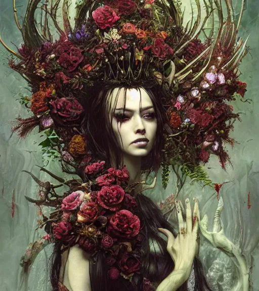 Prompt: portrait of the supreme queen of the blood cult, surrounded by skulls and overgrowth and dark flowers by karol bak, Akihiko Yoshida, Yoshitaka Amano,Marc Simonetti, WLOP, James Jean!, tom bagshaw, rococo, trending on artstation, fantasy magic fashion queen, glossy eyes, face, elegant, highly detailed, digital painting, concept art, smooth, sharp focus, illustration, cinematic lighting, hyper realism, octane render, 8k, hyper detailed.