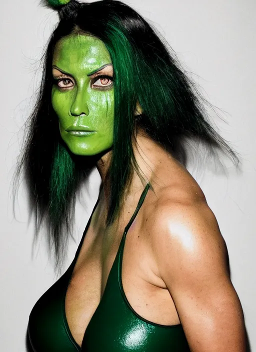 Prompt: a photo portrait of a very muscular woman with dark green hair and green skin by terry richardson, sharp focus.