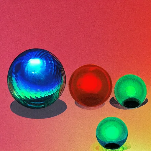 Prompt: prismatic glass spheres on a red cube