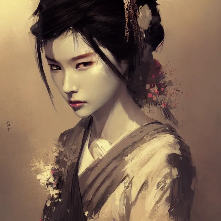 Image similar to female geisha girl, beautiful face, rule of thirds, intricate outfit, spotlight, by greg rutkowski, by jeremy mann, digital painting