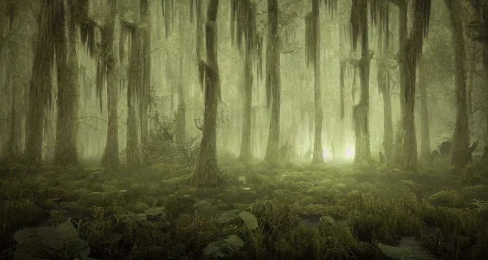 Image similar to A dense and dark enchanted forest with a swamp, with Octane