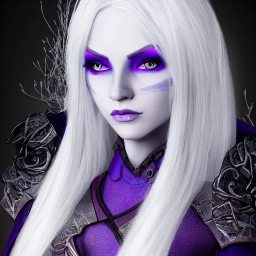 Prompt: portrait of a female fantasy drow, dark elf, with large blue eyes, dark purple skin, and medium-length silver hair