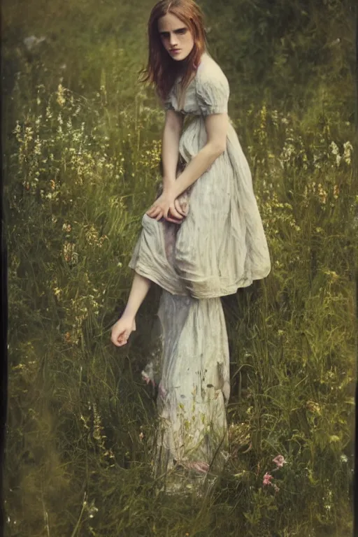 Prompt: color polaroid of Emma Watson by Andrei Tarkovsky, Richard Schmid, Jeremy Lipking full length shot, wearing in a summer dress, very detailed, stunning light