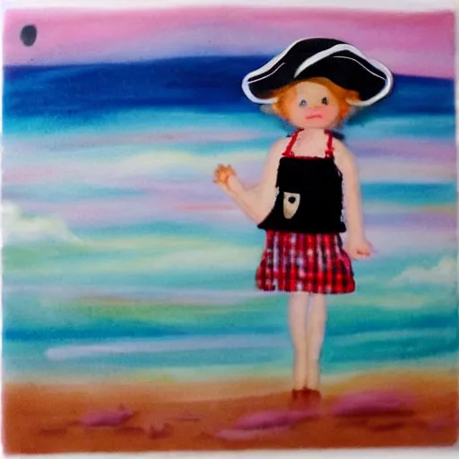 Image similar to dancing milk maid wearing a pirate hat shore seascape in the style of Annie Swinnerton