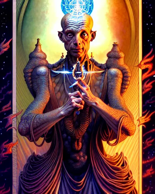 Prompt: the wise man tarot card, fantasy character portrait made of fractals, ultra realistic, wide angle, intricate details, the fifth element artifacts, highly detailed by peter mohrbacher, hajime sorayama, wayne barlowe, boris vallejo, aaron horkey, gaston bussiere, craig mullins