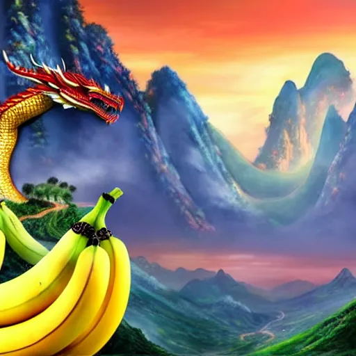 Image similar to Chinese president with bananas, battle with dragon, mountains background, fantasy art