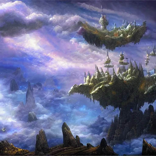 Image similar to ( magic skyship ) flying over ( fantasy landscape ), highly detailed, beautiful