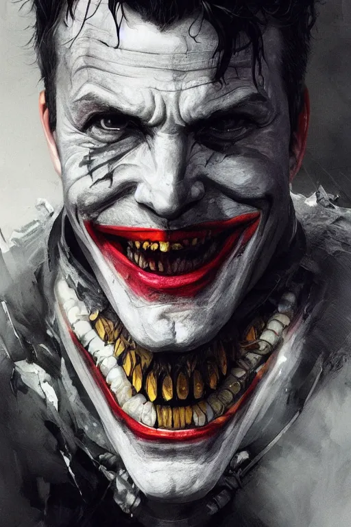 Image similar to Portrait of Ben Affleck as Joker, dc comics, dark, intricate, highly detailed, smooth, artstation, digital illustration by Ruan Jia and Mandy Jurgens and Artgerm and Wayne Barlowe and Greg Rutkowski and Zdislav Beksinski