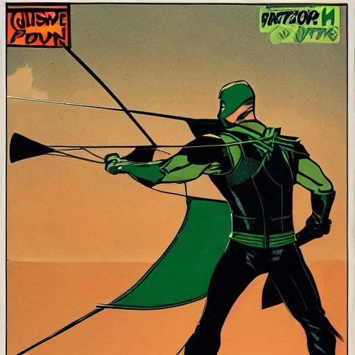 Image similar to The Green Arrow action pose, view from behind looking over shoulder, drawing an arrow from his quiver, comic book cover style