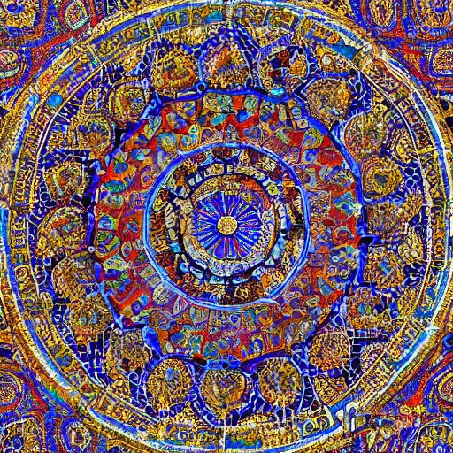 Prompt: An ancient mosaic of mandalas at a Turkish church, well preserved, photograph, wideview, 8k post processing