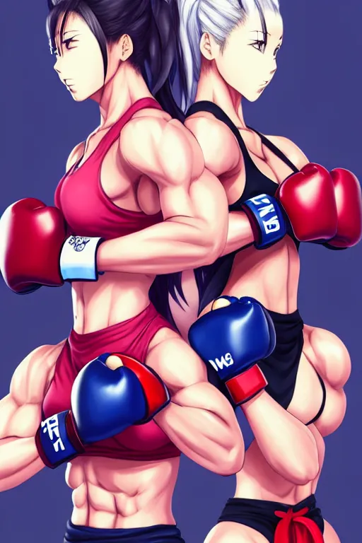 Image similar to a scene in the gym of two beautiful female fighters with hair tied up facing each other, gorgeous features, high definition, sharp focus, detailed anime art, pixiv