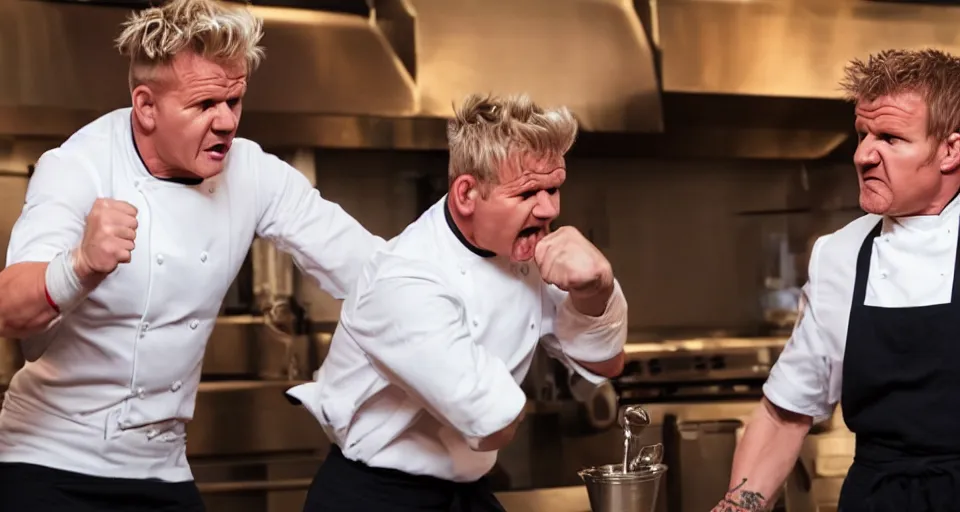 Image similar to photo of angry furious Gordon Ramsay punching Gordon Ramsay at the kitchen