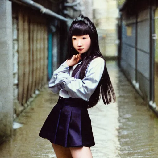 Image similar to 1990s perfect 8K HD professional cinematic photo of close-up japanese schoolgirl posing in sci-fi dystopian alleyway at morning during rain, at instagram, Behance, Adobe Lightroom, with instagram filters, depth of field, taken with polaroid kodak portra