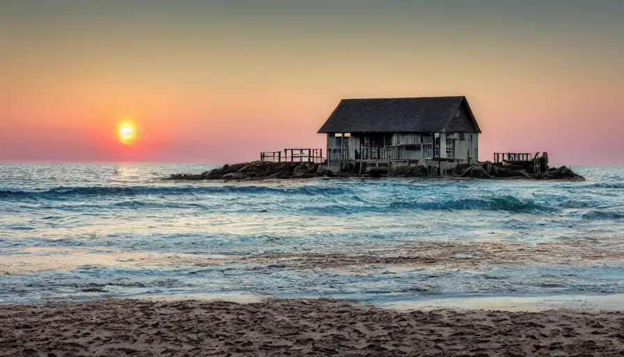 Image similar to a old house standing at a beach at sunset