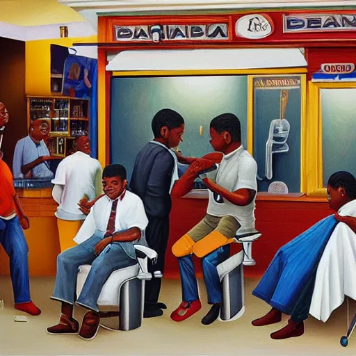 Prompt: a detailed oil painting of a busy african-american barbershop with people getting haircuts, in the style of Kadir Nelson and Normal Rockwell