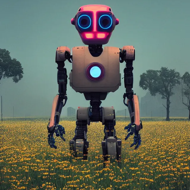 Image similar to a cyberpunk robot in a field of flowers by simon stalenhag