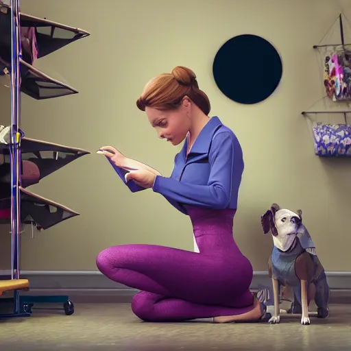 Image similar to still of woman working on her dog's clothing line, in the style of disney, comic book style, the dog is doing a ballet dance, highly detailed, 8k resolution, octane renderer