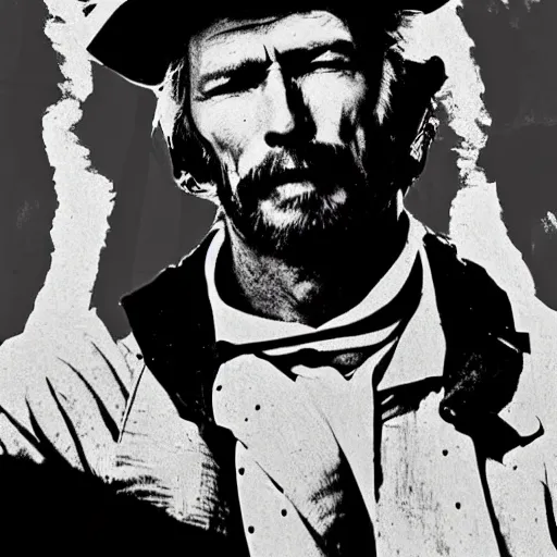 Image similar to an 1 8 0 0 s photo of mateusz morawiecki playing the role of clint eastwood, squinting at high noon, in the style of a clint eastwood movie, the good, the bad and the ugly, vibe, glory days, mount rushmore, justice, american flag, independence, patriotism, black and white, artgerm