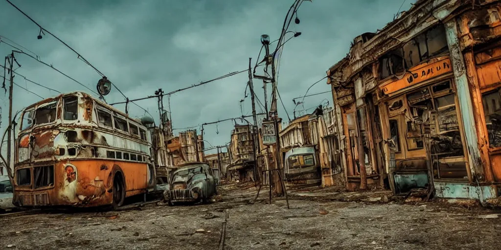 Image similar to low wide angle shot of dilapidated fallout 5 europa, temperate european small town, desolate, dilapidated neon signs, few rusted retro futuristic vintage parked vehicles like cars, buses, trucks, trams, volumetric lighting, photorealistic, daytime, autumn, sunny weather, sharp focus, ultra detailed, 4 0 0 0 k