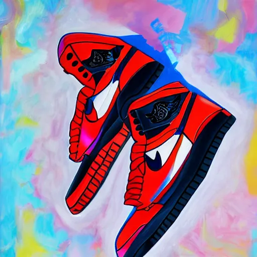 Image similar to A beautiful, surreal, hyperdetailed portrait painting of a Air Jordan 1 wearing Michael Jordan as a shoe in the style of Fewocious, hyperrealistic, 8K, HD, trending on artstation