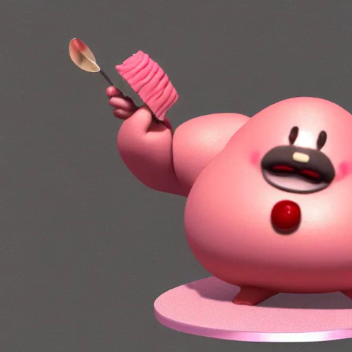 Image similar to a 3 d render of a morbidly obese kirby eating cake