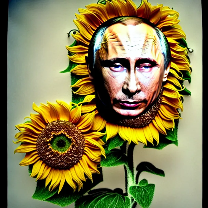 Image similar to photo portrait of Vladimir Putin - sunflowers - dressed in leisure suit with ornamental ethereal sunflower pattern, natural skin tone, highly detailed realistic flowers ornament in the upper side of breast, hair, eyebrows and wrinkles are intricate with highly detailed realistic flowers, elegant, Realistic, Refined, Highly Detailed, natural soft pastel lighting colors scheme, fine art photography by Cecil Beaton, volumetric lighting, hyper realistic photography