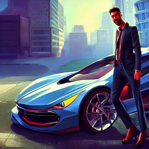 Image similar to the annoying car salesman, perfect eyes, full body shot, portrait, vivid colors, elegant, concept art, sharp focus, digital art, Hyper-realistic, 4K, Unreal Engine, Highly Detailed, HD, Dramatic Lighting by Brom, trending on Artstation